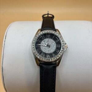 Kessaris Silver Tone w/ Crystal Rhinestones Wristwatch Black Band NEW BATTERY